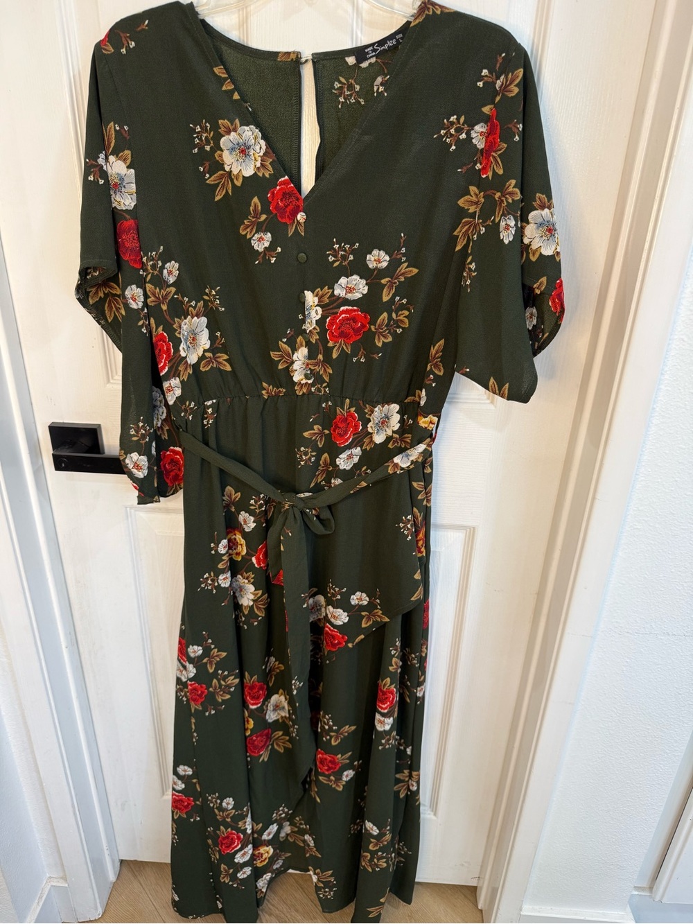 Simplee Floral Midi Dress Large Olive Green Tie Waist